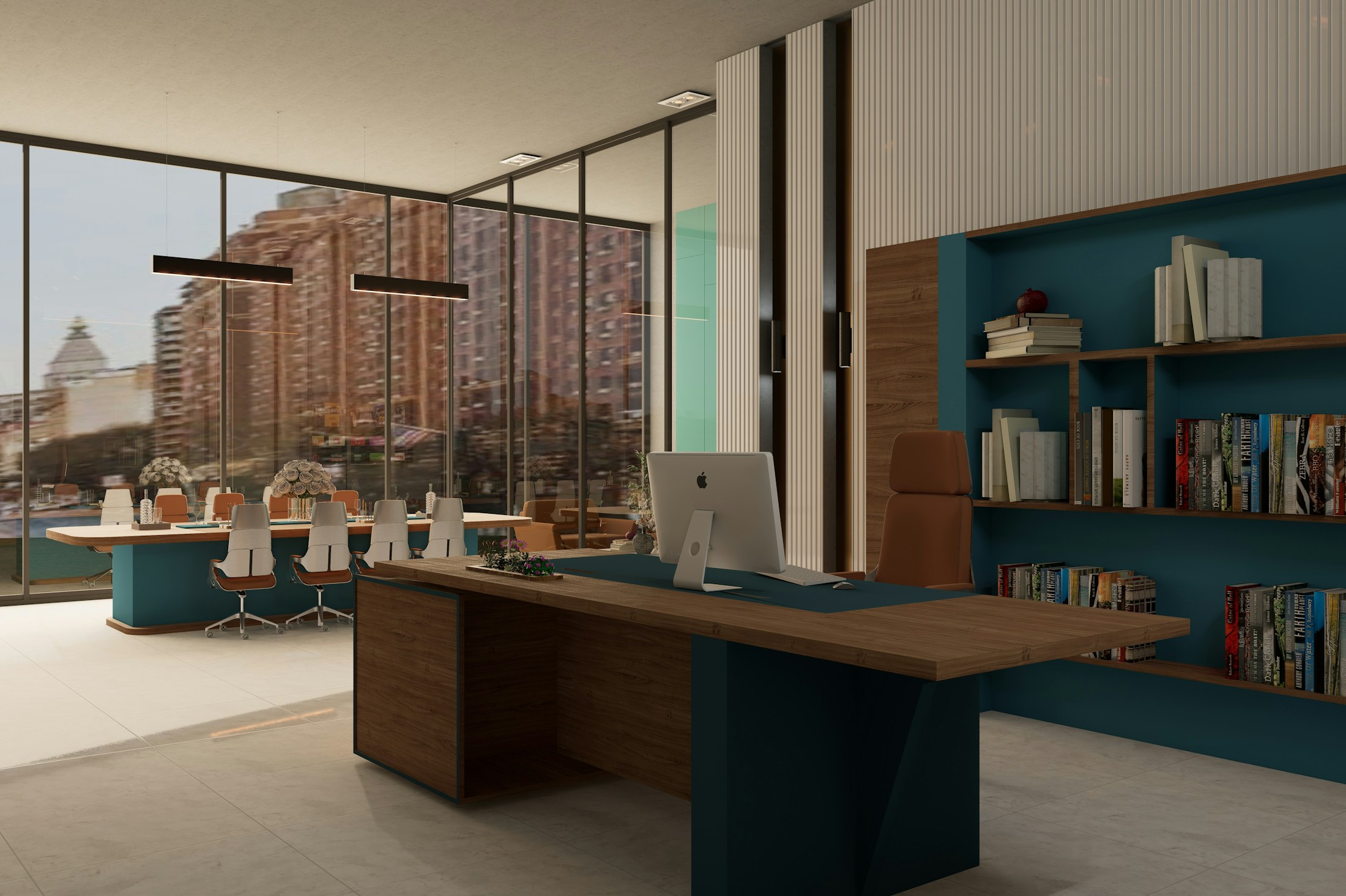 Quiet executive office with warm wood, bookshelves and considered natural light